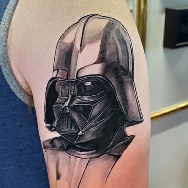 Black and grey realism portrait of Darth Vader form Star Wars.