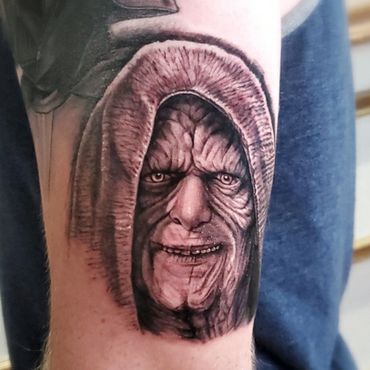 Black and grey realism Hyper realistic portrait of Ian McDiarmid as Emperor Palpatine from Star Wars