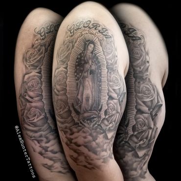 Black and grey realism, roses and the Virgin of Guadalupe added to existing lettering.