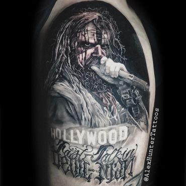 Rob Zombie Portrait with custom mixed script lettering on thigh.