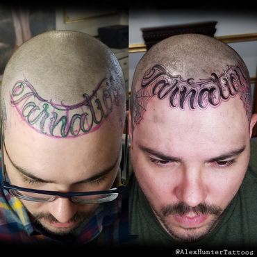 Tarnation Custom, freehand lettering on head.