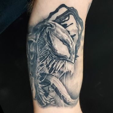Healed, black and grey realism, hyper realism portrait of Venom from the Marvel Universe.