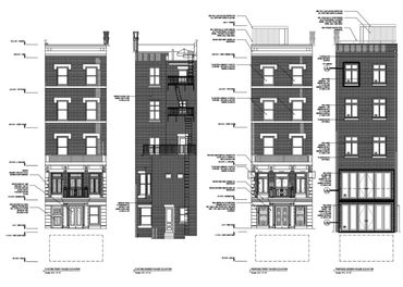 Architectural plans showing existing and proposed front and garden facade elevations of a brick building.