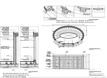 Architectural blueprint of a circular building with detailed cross-sections and window specifications.