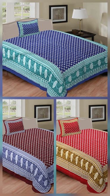Three beds with colorful patterned bedspreads and matching pillows.