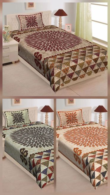 Three beds with floral and geometric patterned bedspreads in different colors.