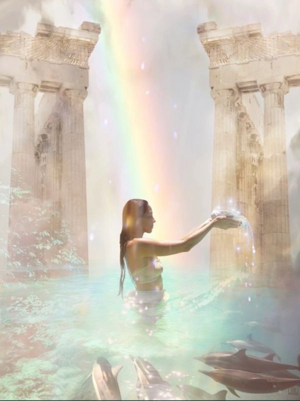 A woman in water with dolphins, ancient ruins, and a glowing rainbow.