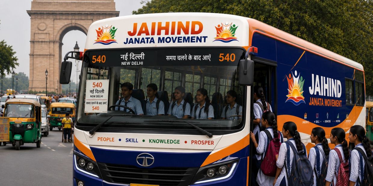School girls boarding a blue and orange bus near India Gate in New Delhi.