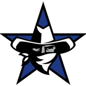 A masked cowboy wearing a large hat in front of a blue star.