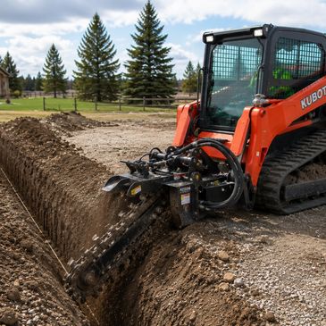 Orange Kubota excavator digging trench in dirt.