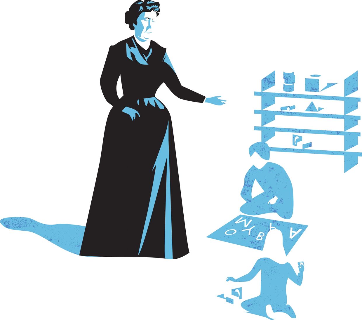A graphic of Maria Montessori looking at two children working/learning in a Montessori Classroom. 