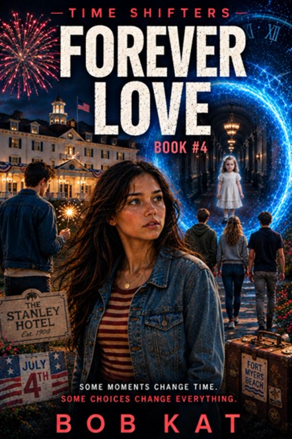 Book cover for 'Forever Love' by Bob Kat featuring time travel and mystery.