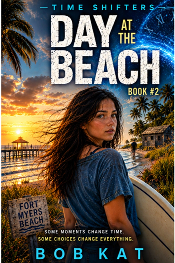 Book cover showing a woman with a surfboard at sunset on the beach.