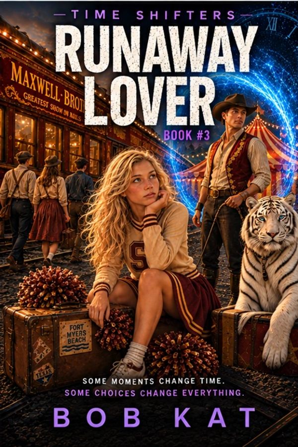 Book cover of 'Runaway Lover' by Bob Kat featuring a girl, a man, and a white tiger.