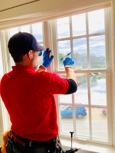 Owner cleaning interior french panes.