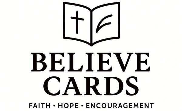 Logo for Believe Cards featuring a cross and feather symbol.