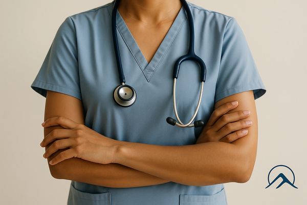 Medical professional in blue scrubs with stethoscope and arms crossed.