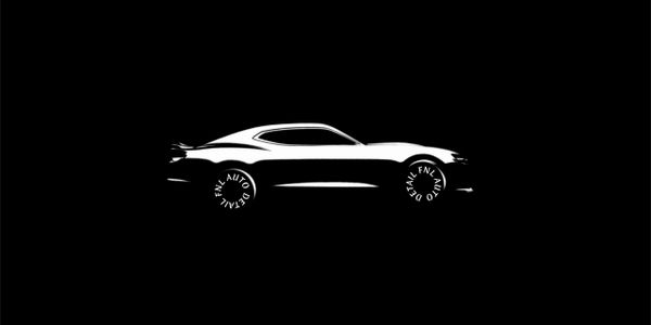 Minimalist black and white car silhouette with stylized text on wheels.