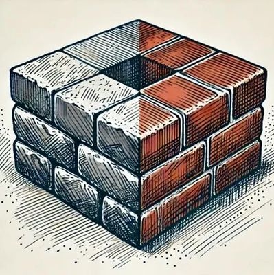 A three dimensional square half brick and half stone. LOGO