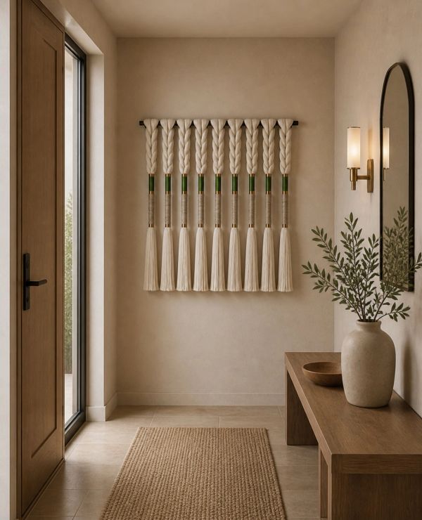 Minimalist entryway with natural tones, featuring a braided wall hanging and simple wooden furniture.