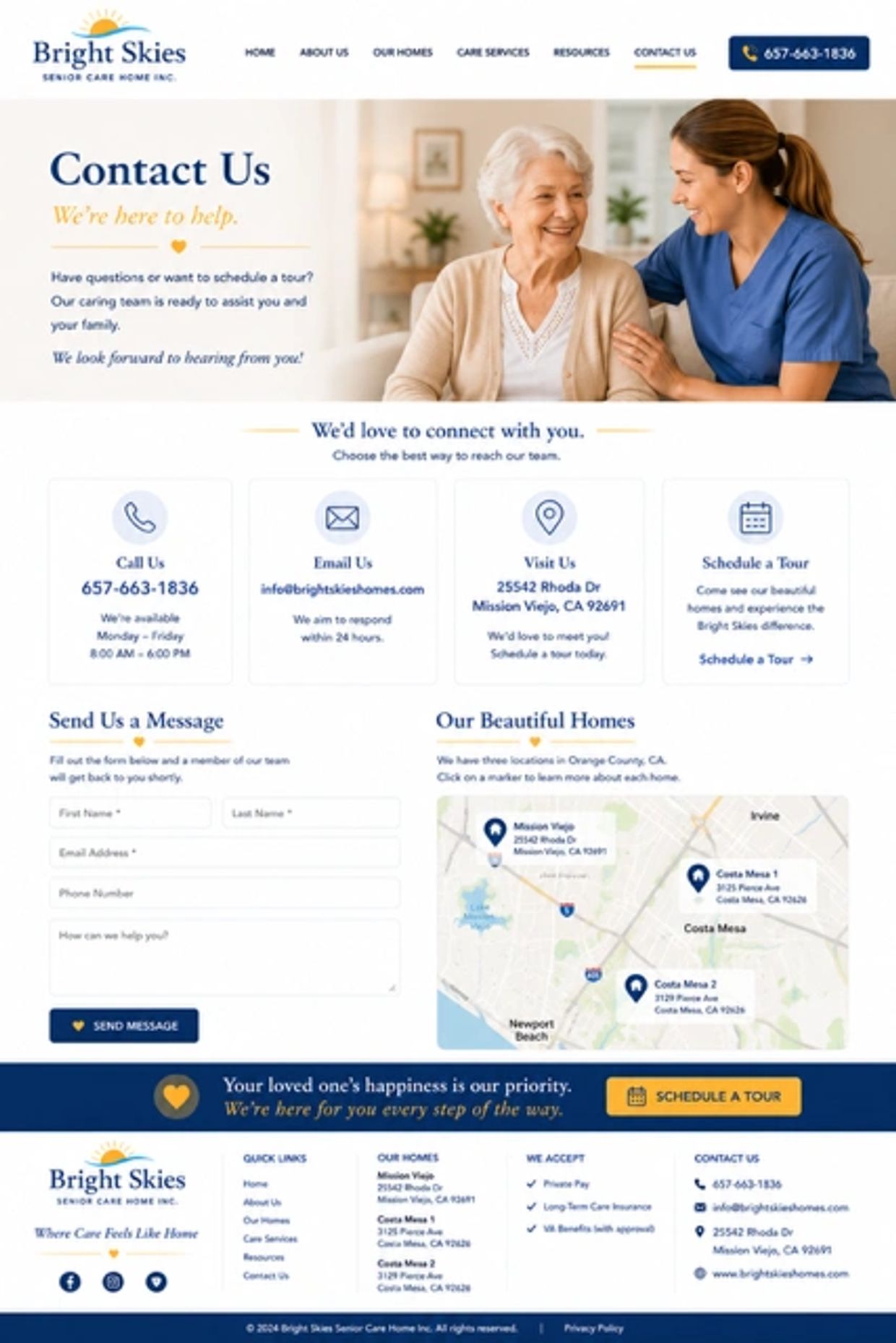 Contact us page for Bright Skies Senior Care Home with care options and locations.