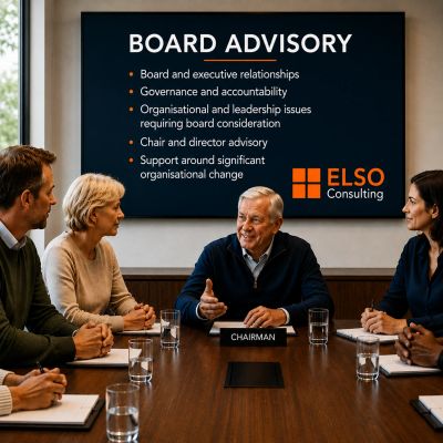 Boardroom meeting with advisory topics on screen.