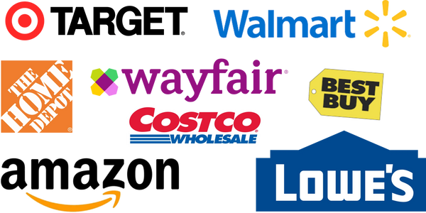 Retailer logos including Target, Walmart, Wayfair, Amazon, Lowes, Best Buy, Costco, and Home Depot.