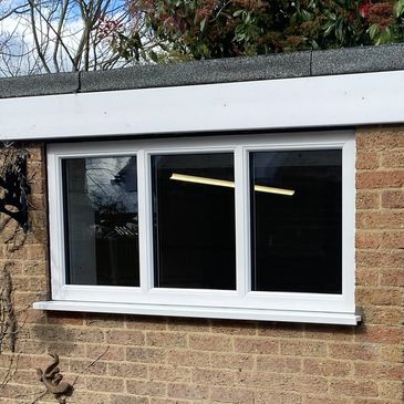 White framed window on a brick wall with plants above.