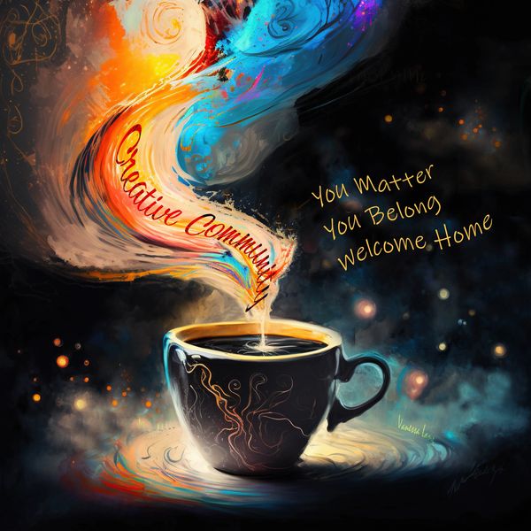 Artistic coffee cup with vibrant steam labeled 'Creative Community' and welcoming text.