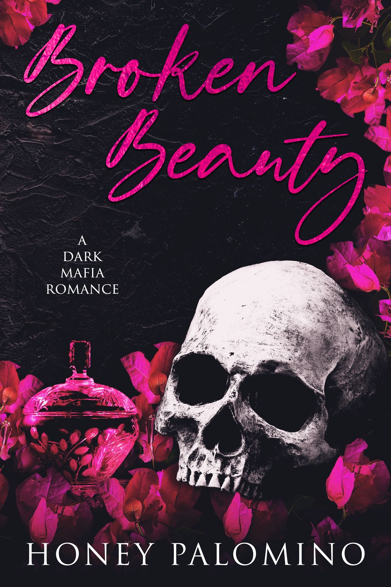 Book cover with skull and pink flowers titled Broken Beauty.