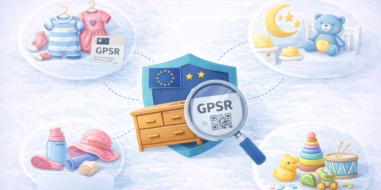 Çocuk kıyafetleri, dekoratif ürünler, aksesuarlar ve oyuncaklar için GPSR rehber görseli.