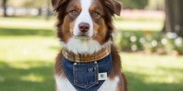 A brown and white dog wearing a denim bandana outdoors.