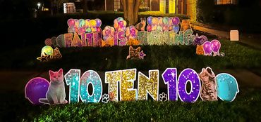 Colorful yard sign celebrating Faith's 10th birthday with cats and balloons.