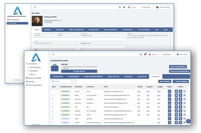 Screenshots of a recruitment assessment platform showing profile and job requisition details.