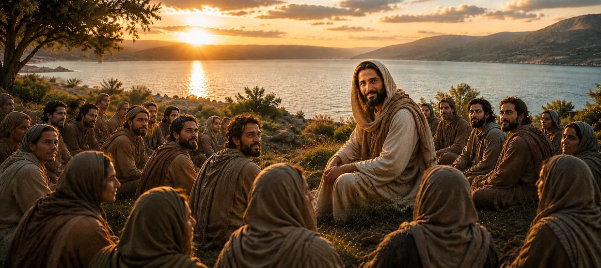 A man in a robe teaching a group by the lake at sunset.