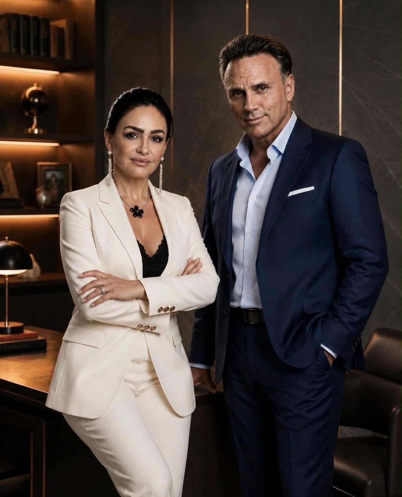 Pareja elegante en oficina con trajes formales.