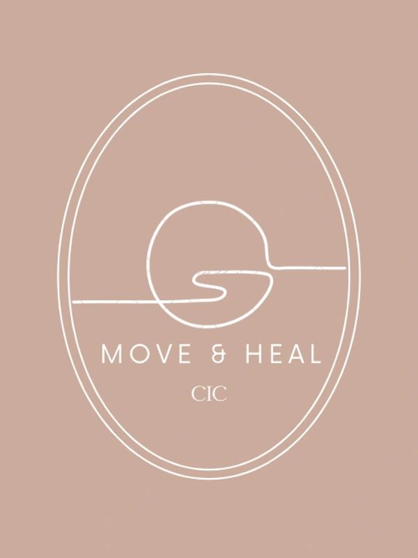 Minimalist logo with 'Move &amp; Heal CIC' text and abstract circular design on a muted brown background.