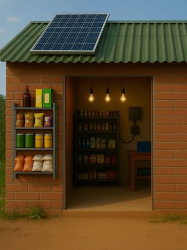 Small brick store with solar panel and stocked shelves under warm light bulbs.