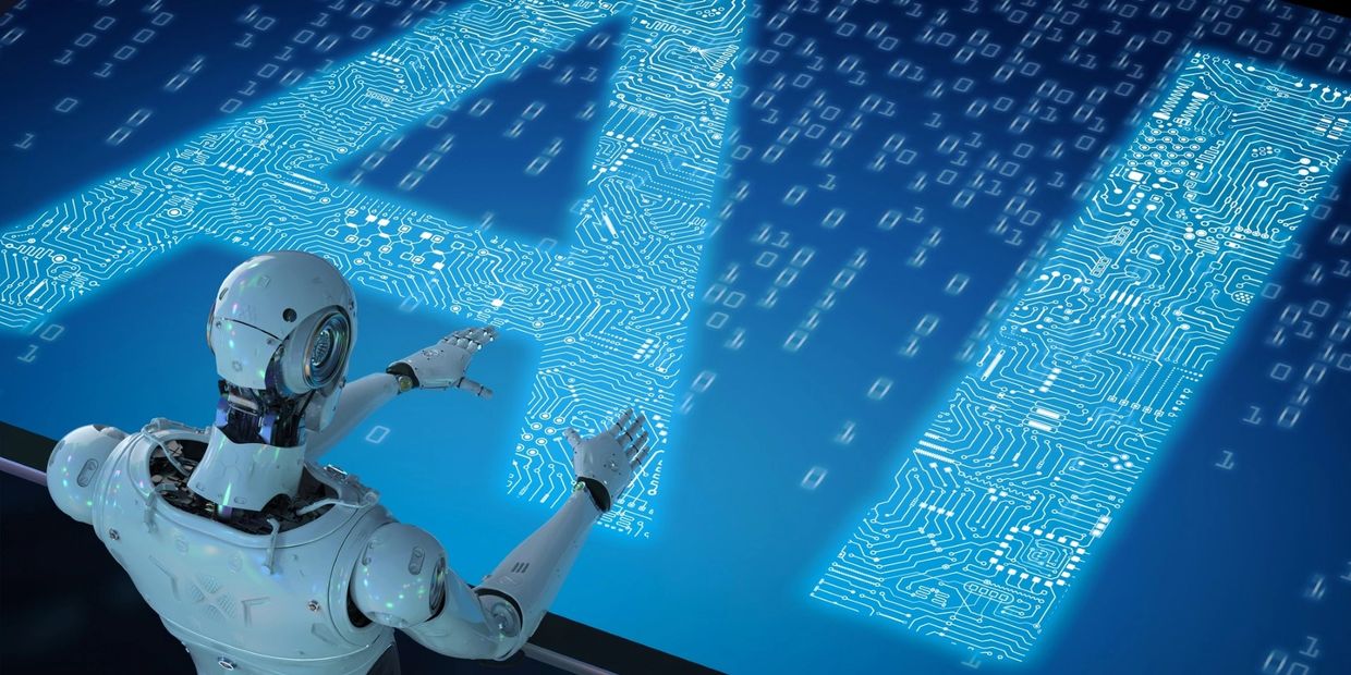 A robot interacts with a digital interface displaying circuit patterns and binary code.