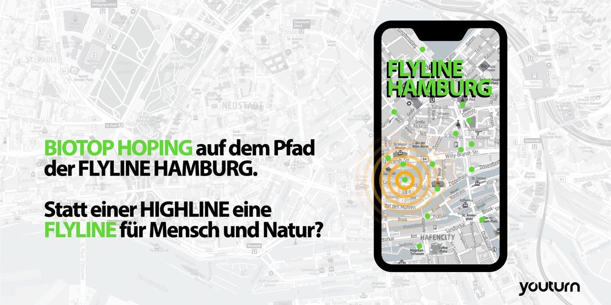 Stadtplan von Hamburg mit grünen Punkten, die biodiverse Standorte der Flyline Hamburg markieren