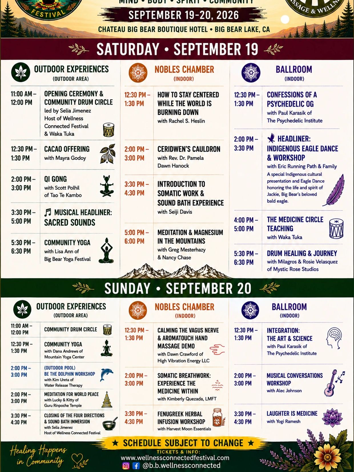 Schedule for Wellness Connected Festival, September 19-20, 2026 in Big Bear Lake, CA.