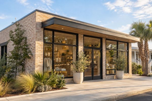 Modern shop with large glass windows and plants outside.