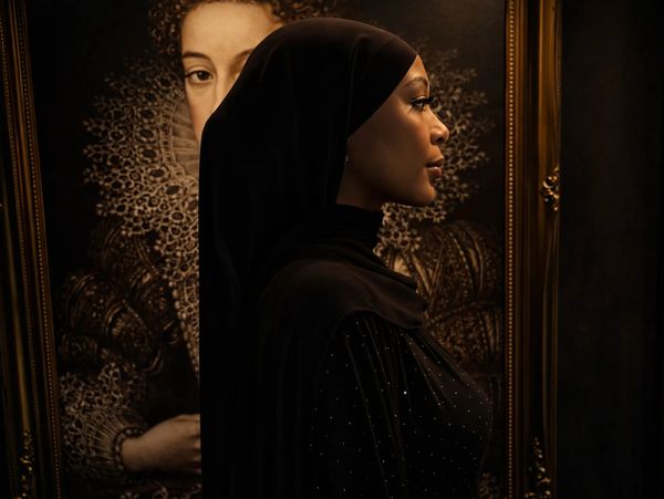 Profile of a woman in a black hijab against a classic portrait backdrop.