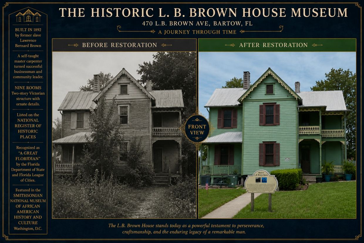 Historic L.B. Brown House before and after restoration.