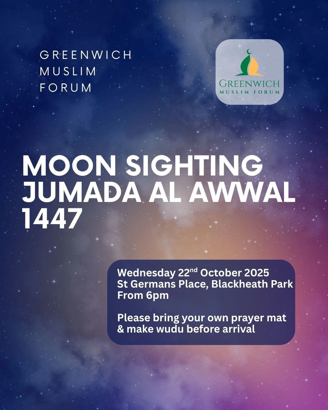Poster of moon-sighting event. Date: Wednesday 22 October 2025, Time: 6pm, Location: Blackheath Park