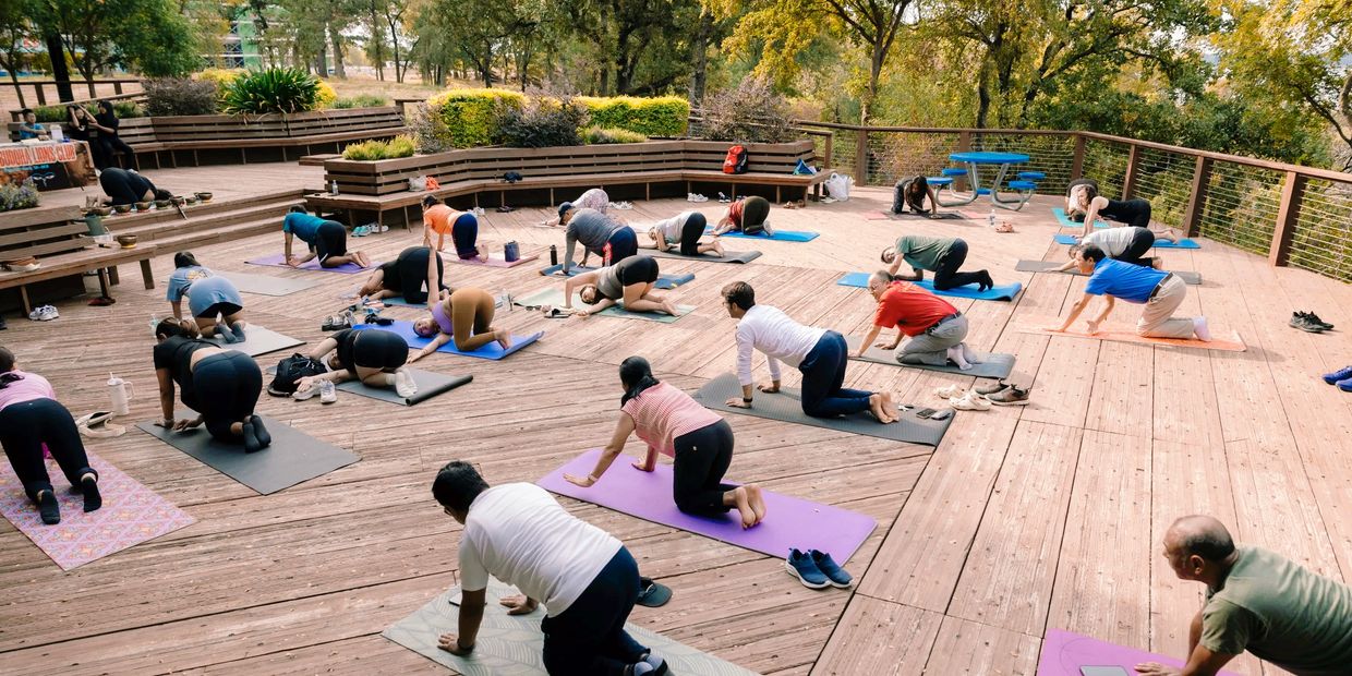 Group yoga session on wooden deck outdoors.