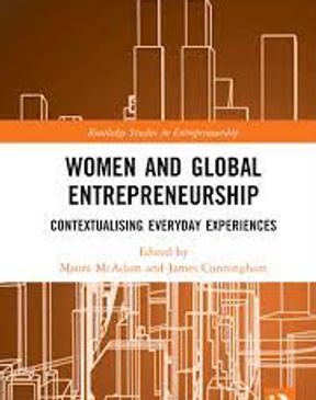 The Cover of the edited book "Women's and Global Entrepreneurship"  is orange abstract buildings.