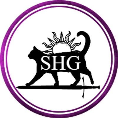 Sunset Hollow Gaming Logo. A cat walks on a sword's razer edge with the sun setting behind them. 