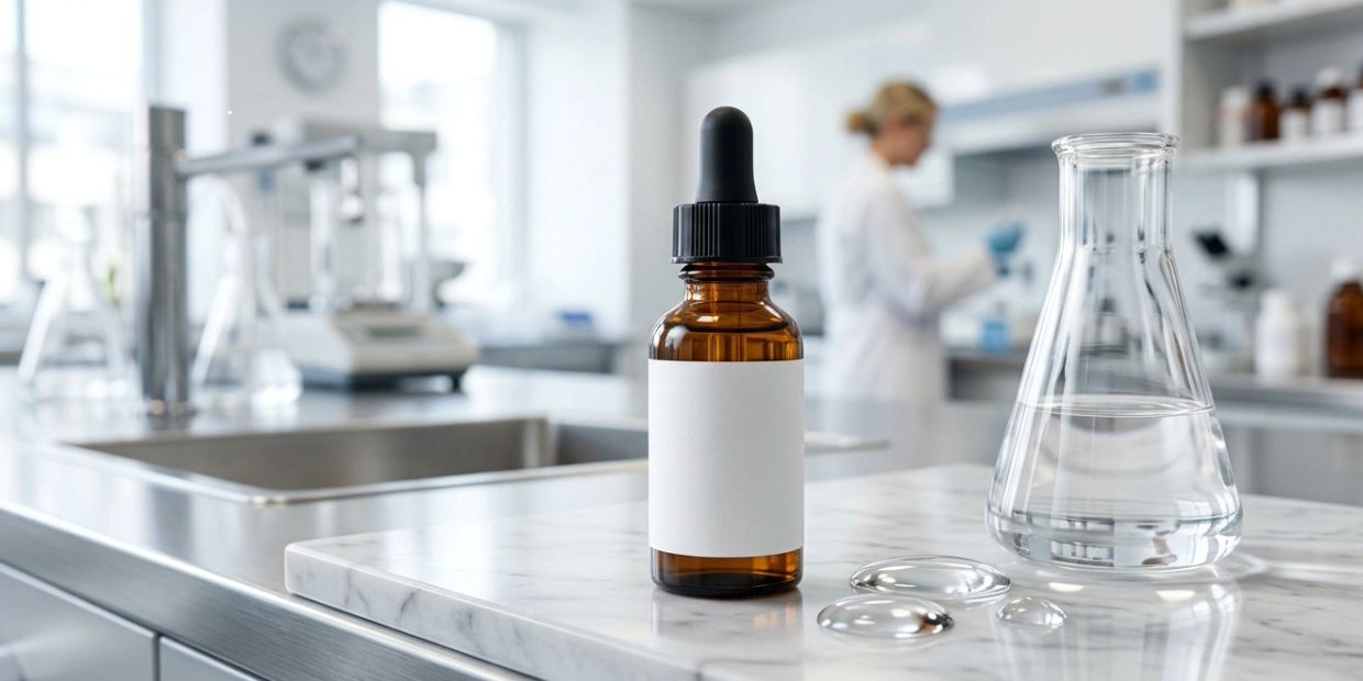 Dropper bottle and flask in a lab with a scientist in the background.
