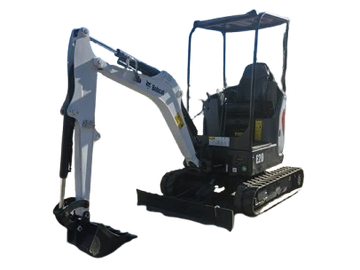 Mini excavator with a bucket attachment for digging.